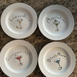 Pottery Barn Martini 4 Cocktail Plates Lemon Drop Appletini Cosmo Blue Moon